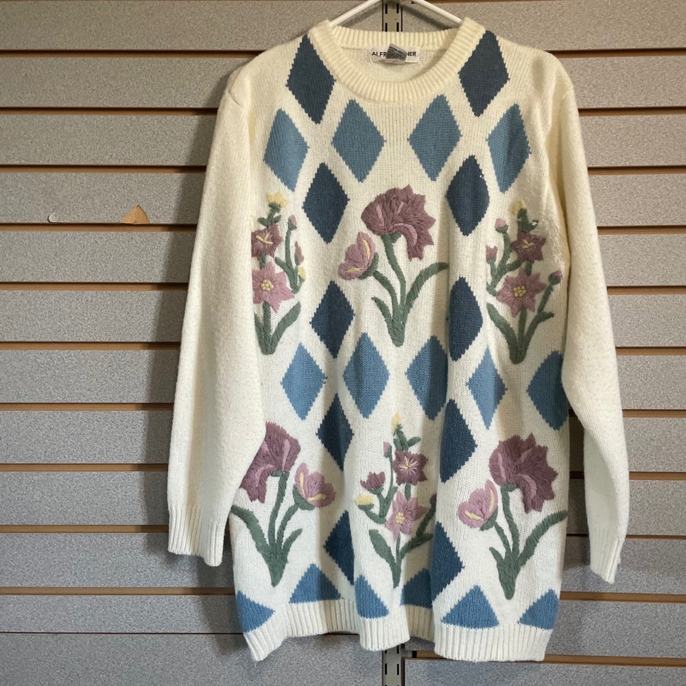 Alfred Dunner Floral Argyle Sweater Womens Medium Knit Pullover‎ Ivory Blue M